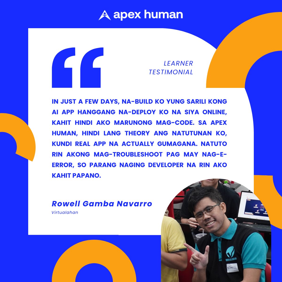 apexhuman_ai's tweet photo. Zero coding experience. Still built and deployed his own AI app in just a few days. 💻

Meet Rowell — proof that you can start from anywhere and still walk away with a real product. https://t.co/oKq46EHIEz