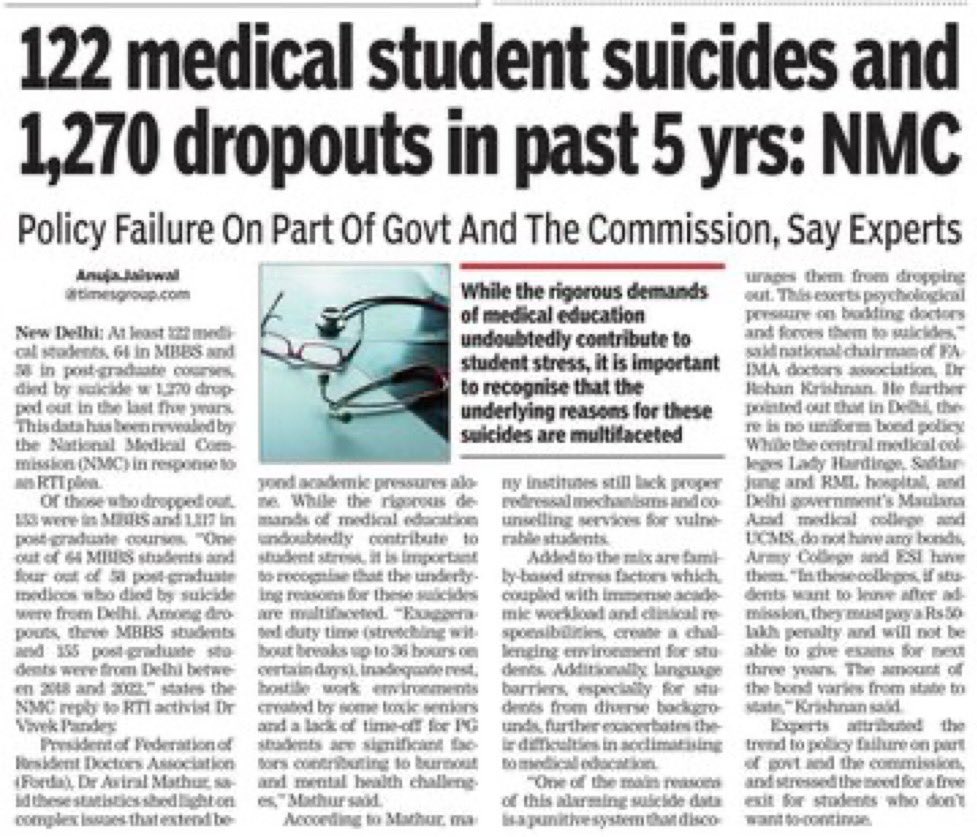 Lap_surgeon's tweet photo. Policy failure (system) ने 122 भावी डॉक्टर्स की जान ले ली पिछले 5 साल में!
1270 ने बीच में ही कॉलेज छोड़ दिया!

कोई इस सिस्टम में सुधार की बात क्यो नही करता?🤔
#MedTwitter https://t.co/iPi6q2PUSd