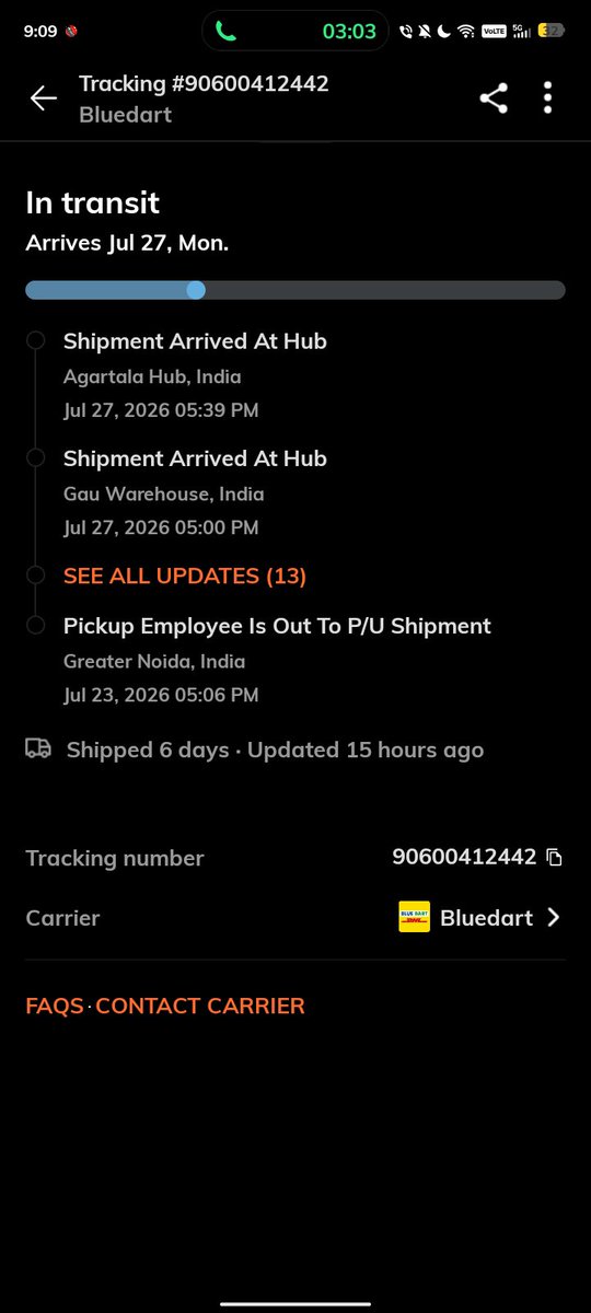 sarkar65898's tweet photo. @BlueDartCares You People Really Don't Have Shame, Never Ever Get Delivery on the expected timeline. Instead of 27th today is 28th No Update From Long Time, And Your Customer Service Team IVR Call Not Getting Connected. Just Ridiculous, Ghatiya Service. #Bluedart https://t.co/Nbnn8xRo0e