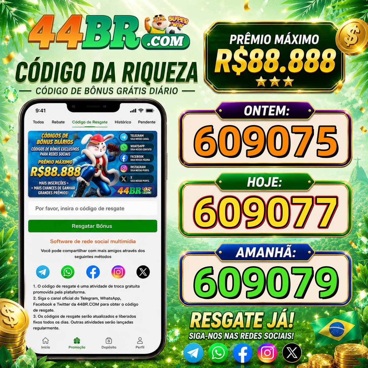 44brcom's tweet photo. 👑 Caros VIPs:
Os códigos de resgate dos últimos três dias já estão disponíveis antecipadamente! 🎉
⭐️ Ontem:     609075
⭐️ Hoje:         609077
⭐️ Amanhã:  609079
🎁 Resgate agora e ganhe até R$ 88.888!
Siga-nos no Telegram: https://t.co/sXvVYU9IcY https://t.co/q65uj9qOVS