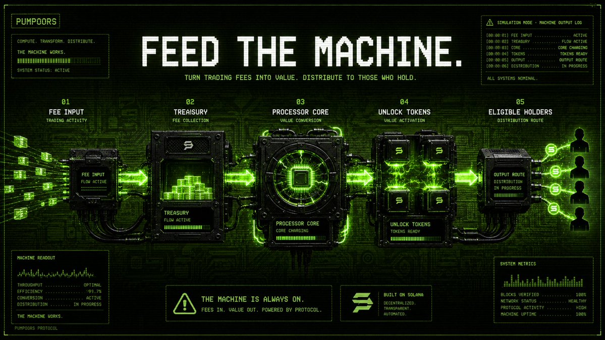 pumpoorsonsol's tweet photo. Memecoins Are Dead. The Machine Works. 🟢

PUMPOORS Frames Trading Activity As Fuel: Fees Route Into Machine Power, Epochs Process Work Units, And Unlocked Supply Moves Toward Holder Distribution.

Watch The Machine Run. https://t.co/nOywIkafG4