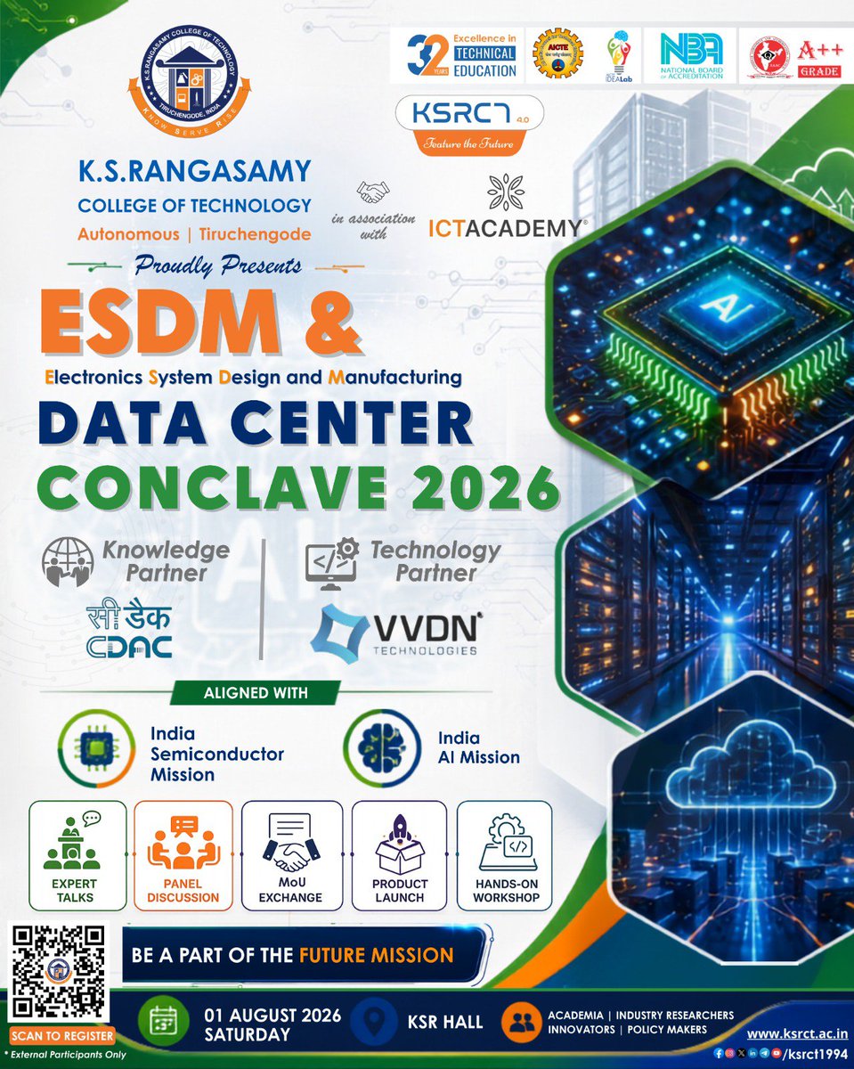 ksrct1994's tweet photo. t๐ The Countdown Beginsโฆ Just 5 Days to Go!
#ksrct1994 #ESDMConclave2026 #CountdownBegins #EmpoweringIntelligence #PoweringIndia #Semiconductors #AI #Innovation #ICTAcademy #BeThePartOfFuture https://t.co/ezAWqlOEff