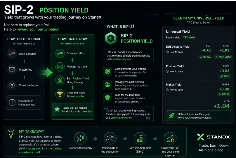 ShellaBui11's tweet photo. I didn't really understand SIP-2 until I started using StandX. 

At first, I assumed Position Yield was just another reward program added to encourage trading. But after spending more time on the platform, I realized that's not what it is.

On most perpetual DEXs I've used, once I opened a position, the only thing that really mattered was my PnL. If the market moved in my favor, I made money. If it didn't, I took the loss. My collateral simply sat there supporting the trade, and that was the end of the story.

StandX introduced a different perspective. Through SIP-2, trading activity itself becomes part of the protocol's yield design. Position Yield doesn't replace trading profits or guarantee returns. Instead, it's an additional layer that recognizes eligible participation while you're actively using the platform.

The first time I noticed Position Yield in my Universal Yield dashboard, the number wasn't large. But it made me curious enough to read how it actually worked. That's when I realized StandX isn't only focused on helping traders speculate on price movements, it also tries to create value around the trading experience itself.

Looking at my dashboard today, I can clearly see my yield separated into DUSD Native Yield, Position Yield, and Maker Yield. Each one represents a different mechanism, and SIP-2 is the piece that connects yield directly with trading activity rather than treating it as a completely separate product.

The more I explore StandX, the more I feel that each SIP isn't designed to stand alone. They work together as parts of a larger system, and for me, SIP-2 was the feature that changed how I looked at the protocol. Instead of being just another Perps DEX where everything depends on PnL, StandX is building a model where yield is integrated into the trading experience itself.

That's the moment I realized SIP-2 isn't just a feature, it's part of the philosophy behind how StandX is designed.

@StandX_Official @Stander_StandX