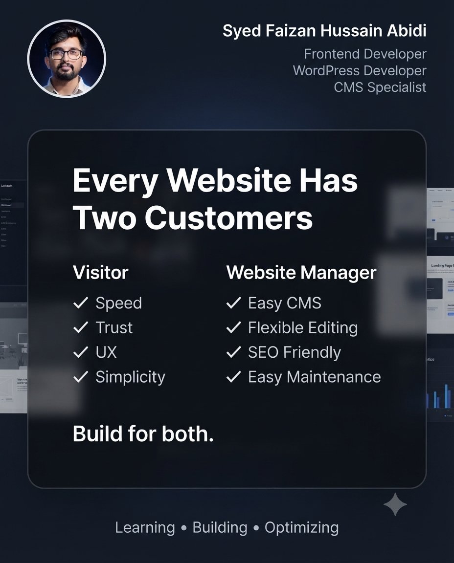 Sfaizanhabidi's tweet photo. Every website has two customers.
The visitor.
And the person managing the CMS.
Great websites serve both.
#WordPress #FrontendDeveloper #CMSDeveloper #UX https://t.co/1ob9TWXbqM
