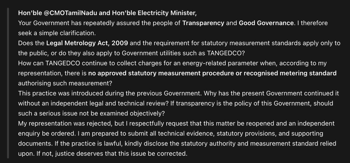 akilaravi's tweet photo. @CMOTamilnadu  @TANGEDCO_Offcl @CTR_Nirmalkumar - one simple question: Is the Legal Metrology Act, 2009 applicable only to the public, or also to Government authorities? The rejection of my representation has raised a fundamental question on the quality of governance. https://t.co/wMUyec0s6N