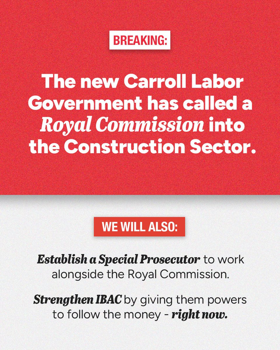 VictorianLabor's tweet photo. #BREAKING: The new Carroll Labor Government has called a Royal Commission into the Construction Sector - now. https://t.co/PnMzP8usXe