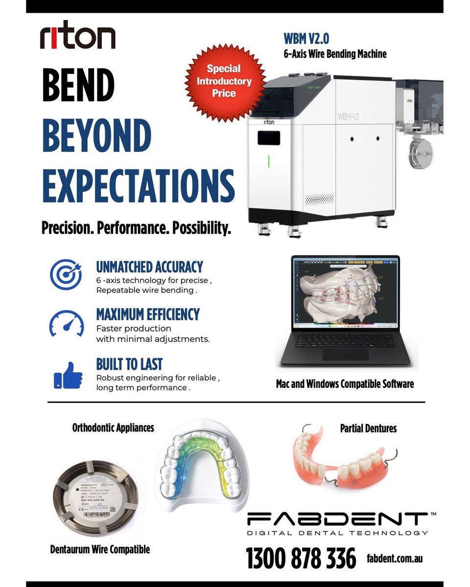 Riton3DTech's tweet photo. Building Smarter Dental Workflows Together Riton × FABDENT Australia

The Riton WBM-V2 Wire Bending Machine delivers precision and efficiency for modern orthodontic workflows.

#Riton3D #DigitalDentistry #Orthodontics https://t.co/nN3oQSLJTn