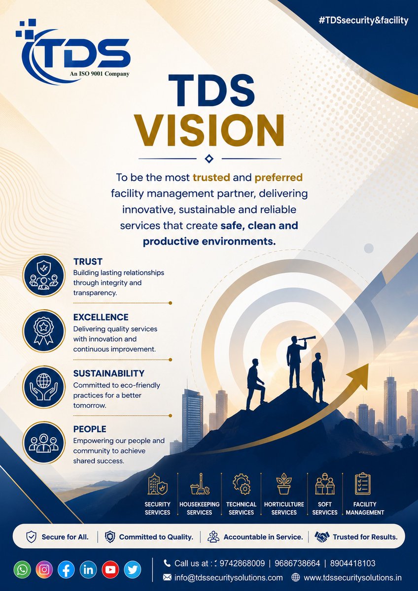 Tds_Fm's tweet photo. 🏆 Our Vision. Your Confidence.
To be the most trusted and preferred facility management partner by delivering innovative, reliable, and sustainable solutions with excellence.
#TDSsecurityandfacility #VisionToExcellence #FacilityManagement #SecuritySolutions #CorporateServices https://t.co/mYirsdZuym
