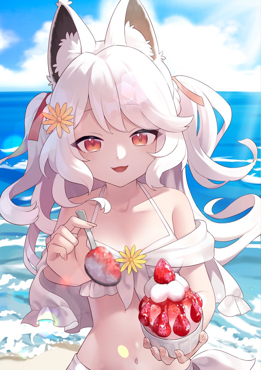 timtim7749's tweet photo. 夏天這季節只要有陽光、沙灘、大海這些元素就足夠了！✨

但是對我來說還需要妳，因為妳比起這些元素更為重要更為閃亮！❤️

夏天就是要吃冰的LA！

狐：羊羊來～～啊^O^（張嘴

感謝 @q_chiang 老師的第一人稱視角繪製！謝謝老師的腦補❤️❤️❤️

#瑪麗的畫像長廊 https://t.co/3I1XLRQWF1