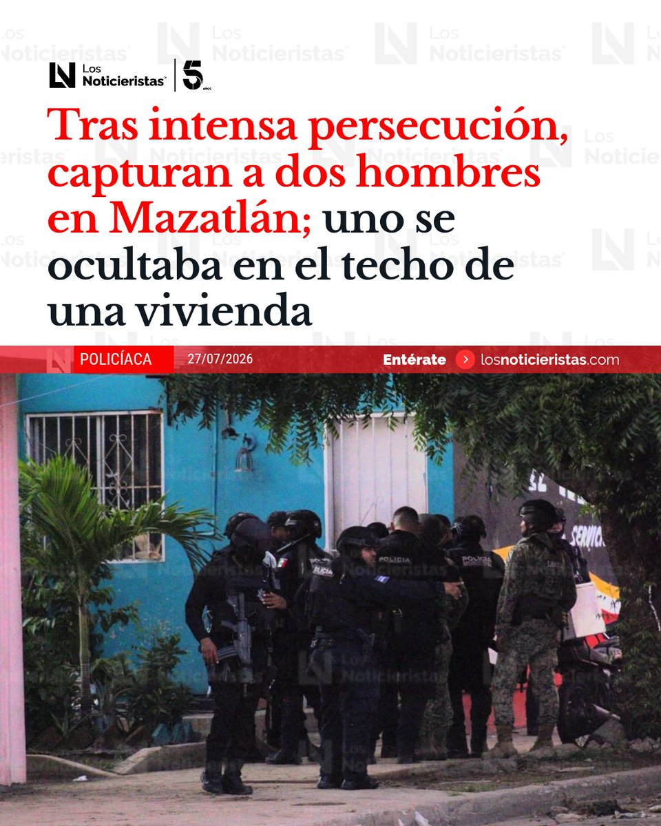 noticieristas's tweet photo. 🚨🚔| Tras intensa persecución, capturan a dos hombres en #Mazatlán; uno intentó esconderse en el techo de una vivienda durante el operativo que se extendió por varios sectores de la ciudad y terminó con el aseguramiento de una motocicleta.

Info 🔗👉🏼 https://t.co/Bz0abGiPyM https://t.co/FjetzG45jw