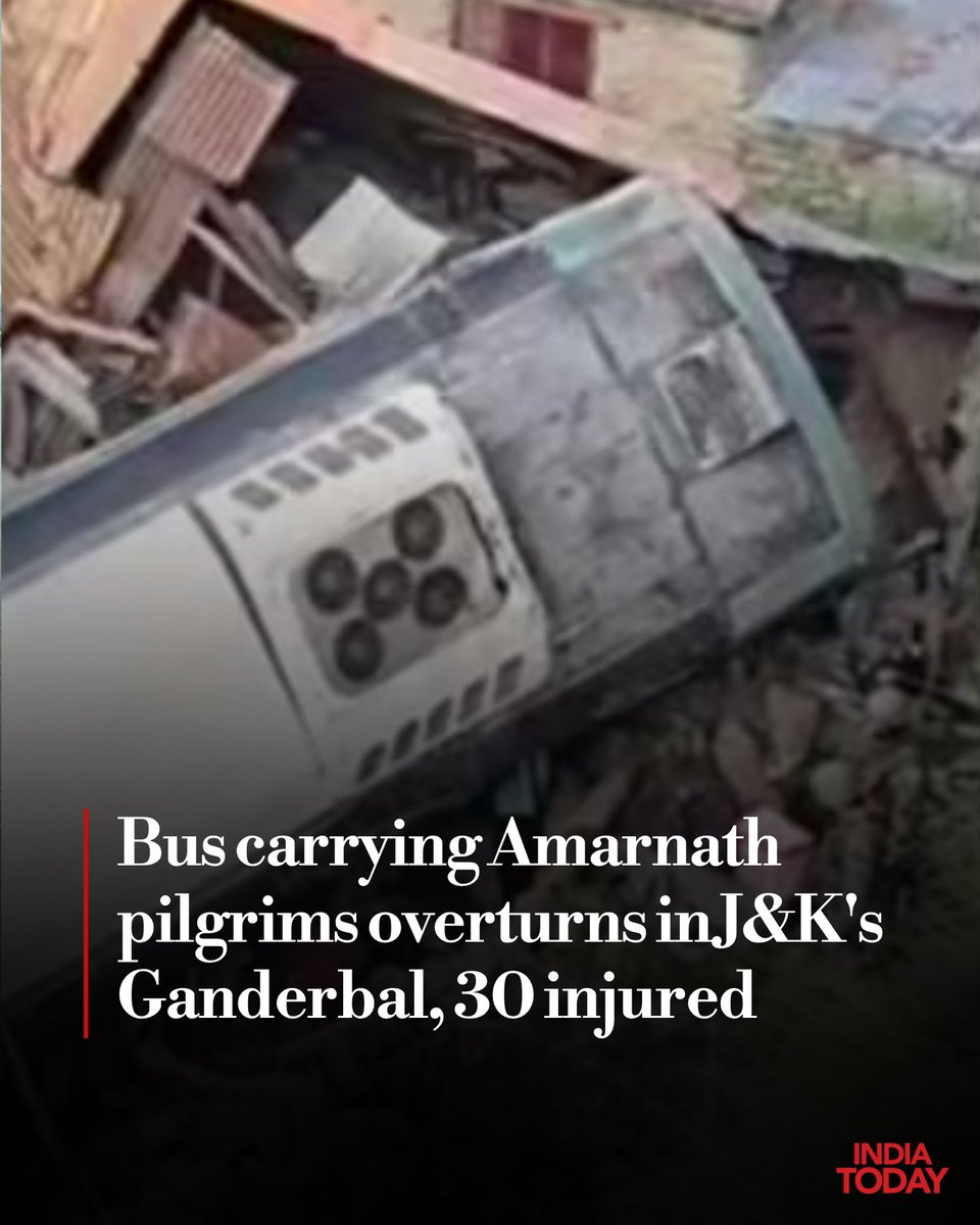 IndiaToday's tweet photo. A bus carrying Amarnath pilgrims overturned in Jammu and Kashmir's Ganderbal district early Tuesday, leaving at least 30 passengers injured, officials said.
Read more: https://t.co/26UcFB0f1L | @Ashraf_Wani
#Amarnath #JammuKashmir #Ganderbal #ITcard https://t.co/Wpg7NMOVY7