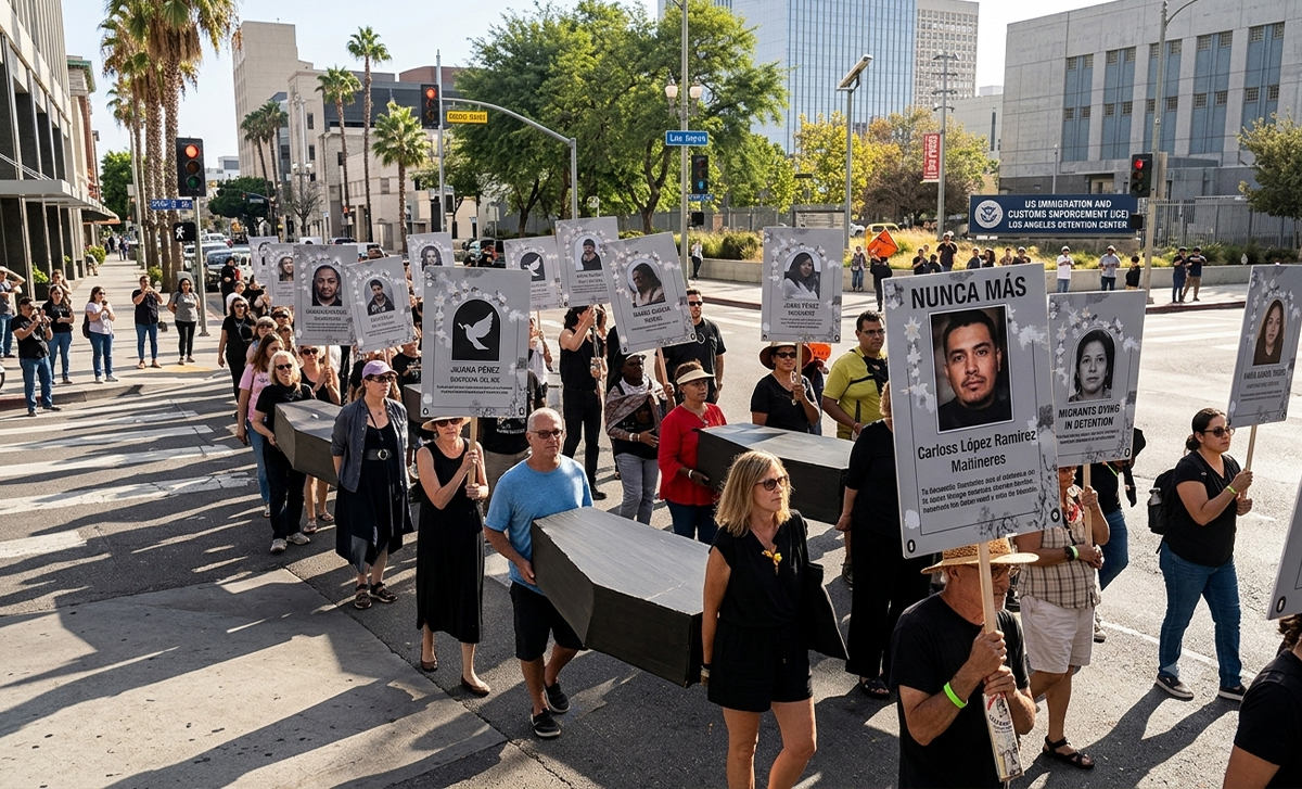 365Reportes's tweet photo. Migrantes marchan en Los Ángeles; exigen justicia por muertes vinculadas al ICE
https://t.co/Vqx9FxpXH3 https://t.co/wKWsjMGjAh