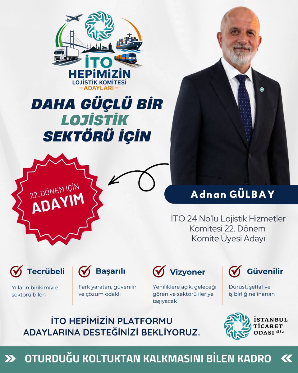 AdnanGlby's tweet photo. Kıymetli Meslektaşlarım ;
İstanbul Ticaret Odası 24 No'lu Lojistik Hizmetleri Komitesi'ne aday olduğumu sizlerle paylaşmanın heyecanı ve mutluluğunu yaşıyorum...
#İTOhepimizin ...
#İTO #İstanbulTicaretOdası #24NoluKomite #Lojistik #Taşımacılık #Depolama #TedarikZinciri #OrtakAkıl https://t.co/BzQo9BAih8