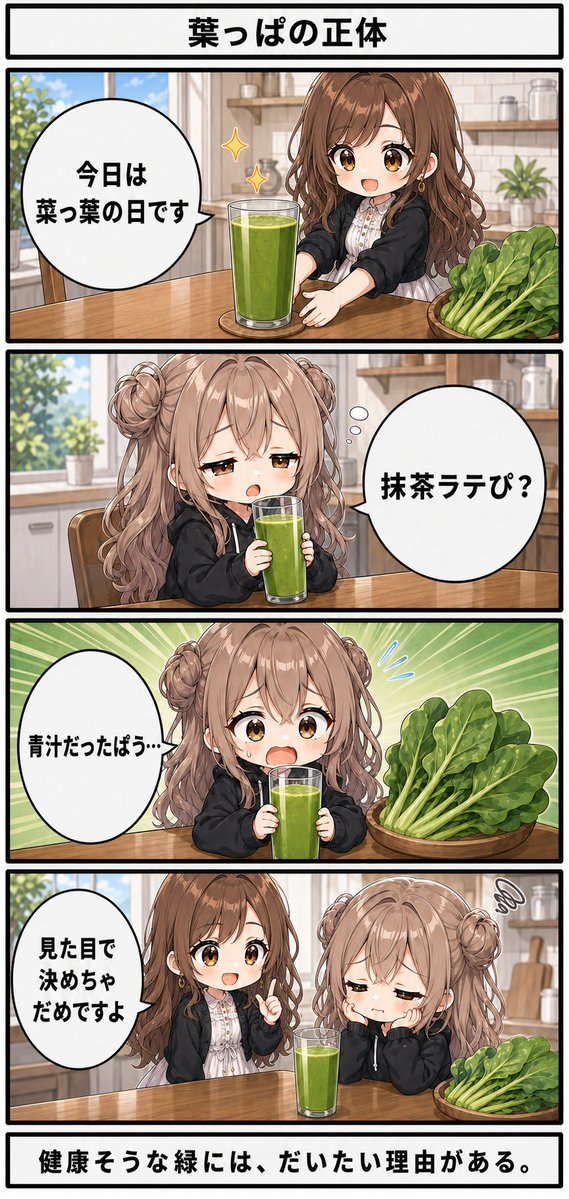moekaikei's tweet photo. 今日は #菜っ葉の日 🥬  
健康そうな緑には、だいたい理由があります。  
のんの抹茶ラテ予想は外れました。  

#日常4コマ #AI漫画 #萌え会計事務所 https://t.co/qkkO5vEw2j