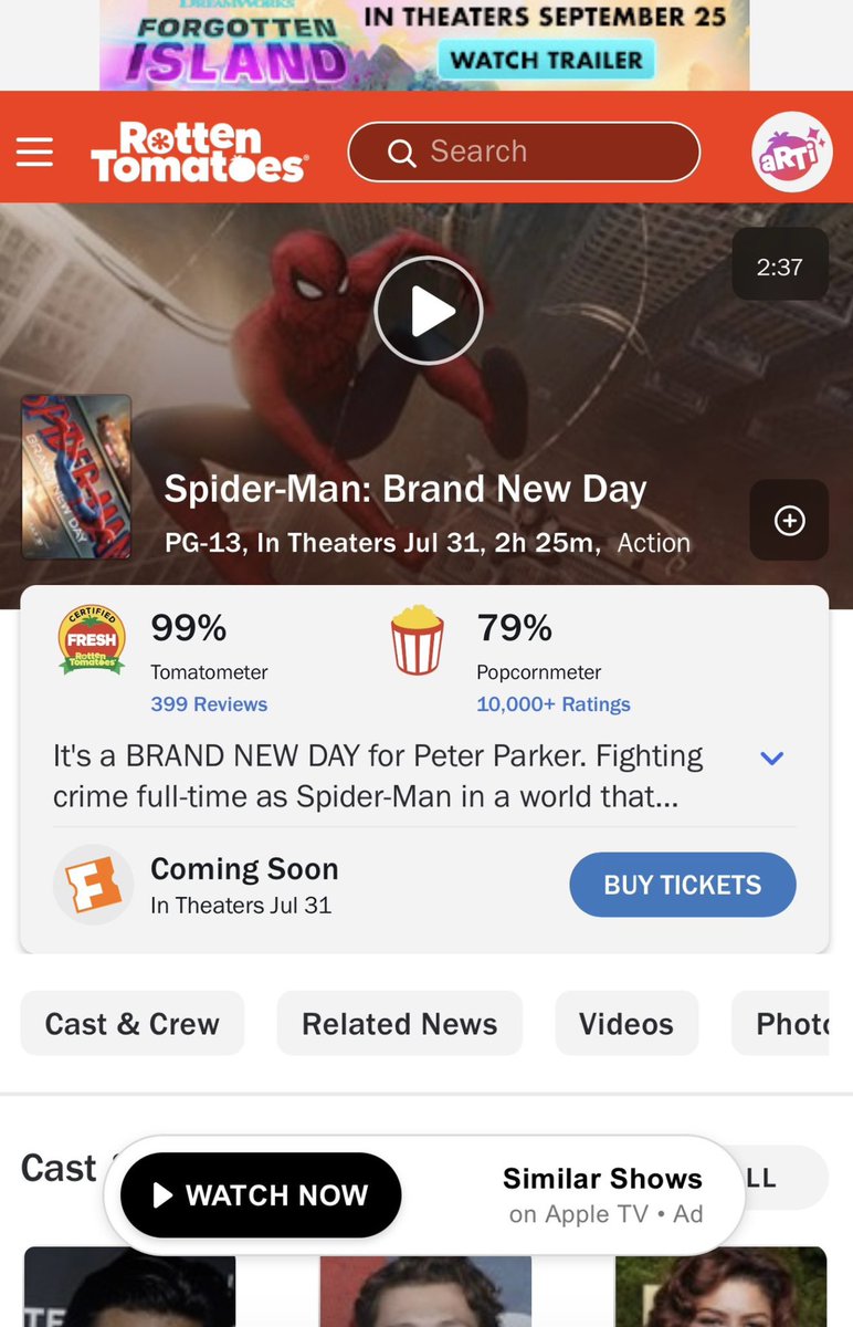 JedFontaine's tweet photo. BREAKING: Spider-Man Brand New Day has debuted as Certified Fresh with a 99% tomatoe meter.

The highest debut score for an MCU film ever. https://t.co/YmDjuY7RMl
