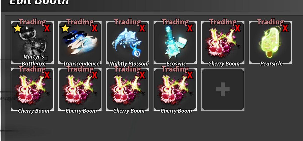 damnson27_'s tweet photo. WTS

Martyr's Battleaxe 70k
Transcendence 150k
Nightly Blossom 15k
Cherry Boom 8k/each

Take all  245k https://t.co/QDhPdSAubz