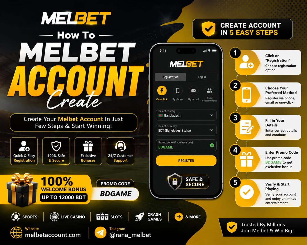 melbetrana's tweet photo. 🚀 Create Your MELBET Account Today!

Open your MELBET Account in just a few minutes and enjoy secure registration, fast deposits, quick withdrawals, sports betting, live casino, slots, and exclusive welcome rewards.

🌐 https://t.co/tB1rUIaO9z
🎁 Promo Code: BDGAME

#Melbet #b2k https://t.co/sIN7z4faF1