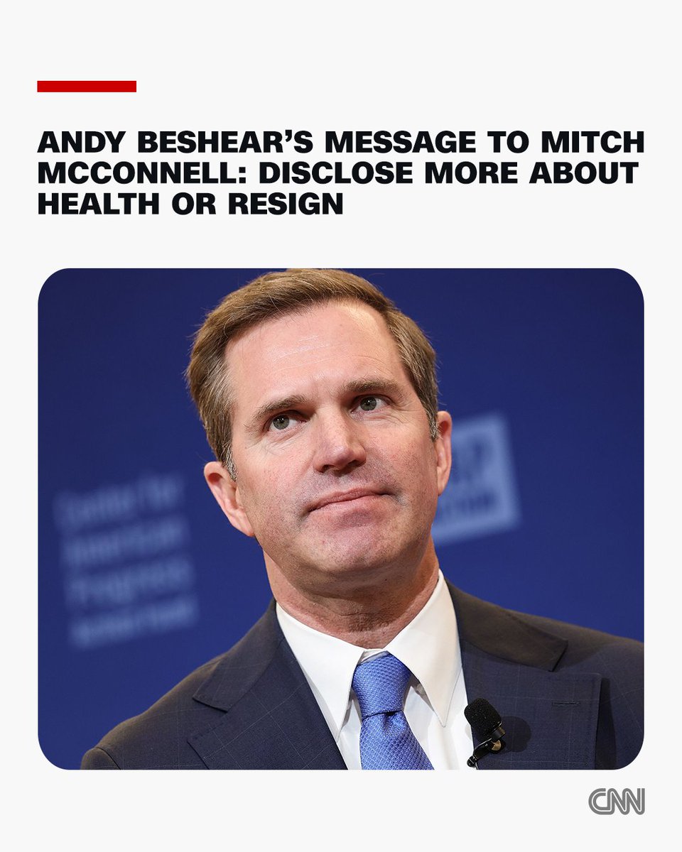 CNN's tweet photo. Kentucky Gov. Andy Beshear has a message for Sen. Mitch McConnell: Either the state's senior senator should explain his long absence from the Senate and give details about his health, or resign. https://t.co/vzOopunWZd https://t.co/Y2bOQnmKmX