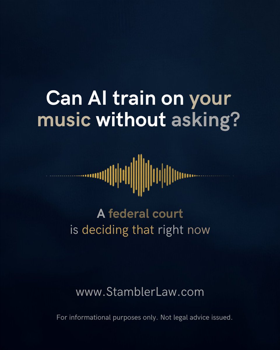 stamblerlaw's tweet photo. A federal judge is about to answer one of the biggest questions in creative law right now: can an AI company train on your music without your permission and call it fair use?

Sony Music v. Suno is heading to a summary judgment hearing this month. https://t.co/n4lp5yRZJq