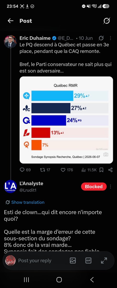 Bobeb3n's tweet photo. @FournierGuay @maximtg93 @frankdedomiseur Ben oui c'est ca, pis toi pis ta gang d'ortho avec leur comptes annonyne qui viennent sur toutes les posts de Duhaime sont mieux, hein?

On a compris ta réaction péqusite cariboux protecteur du système bolchevique à "la droite de québec" de là a en faire une identité. https://t.co/ZlQ2MOjvrN
