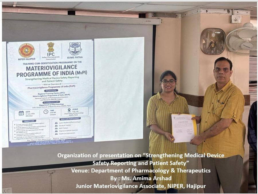 IGIMS_PATNA's tweet photo. Organization of presentation on "Strengthening Medical Device Safety Reporting and Patient Safety"

📍 Venue: Department of Pharmacology &amp; Therapeutics

👩‍🏫 Presented by: Ms. Amima Arshad https://t.co/IuSgZDbal7