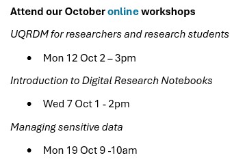 UQ_Library's tweet photo. Library workshops on offer in October. Interested? For a full list of workshops and links to register click here https://t.co/vU45tyVA8Q
#UQ #UQResearchers https://t.co/4oxfoQ6NRX