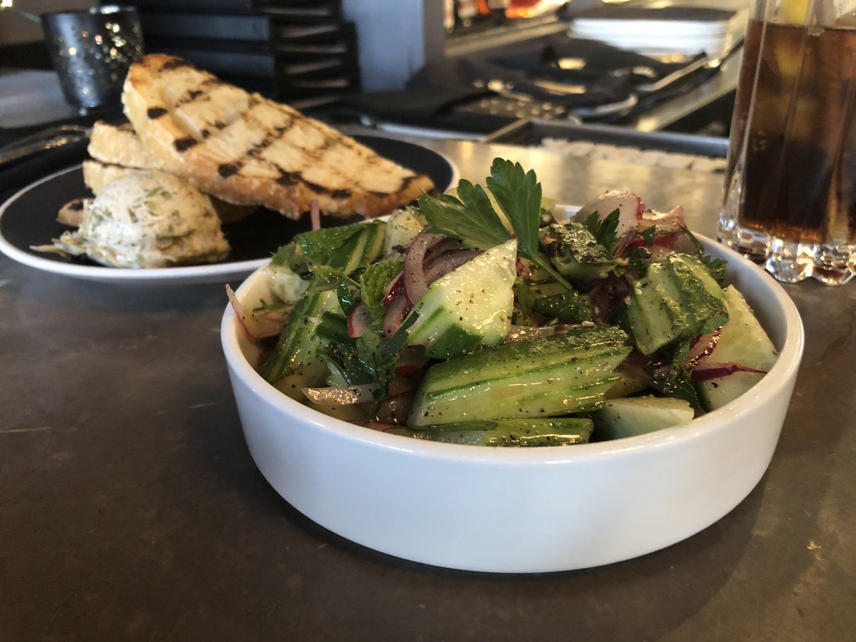 DOC604's tweet photo. The perfect pre show power up meal @brixvan , their #cucumbersalad &amp; #sourdough w/ #garlicbutter! What a lovely #musicianoffice right in the heart of #Yaletown. #davidcappermusic https://t.co/rRYrVwFcj0