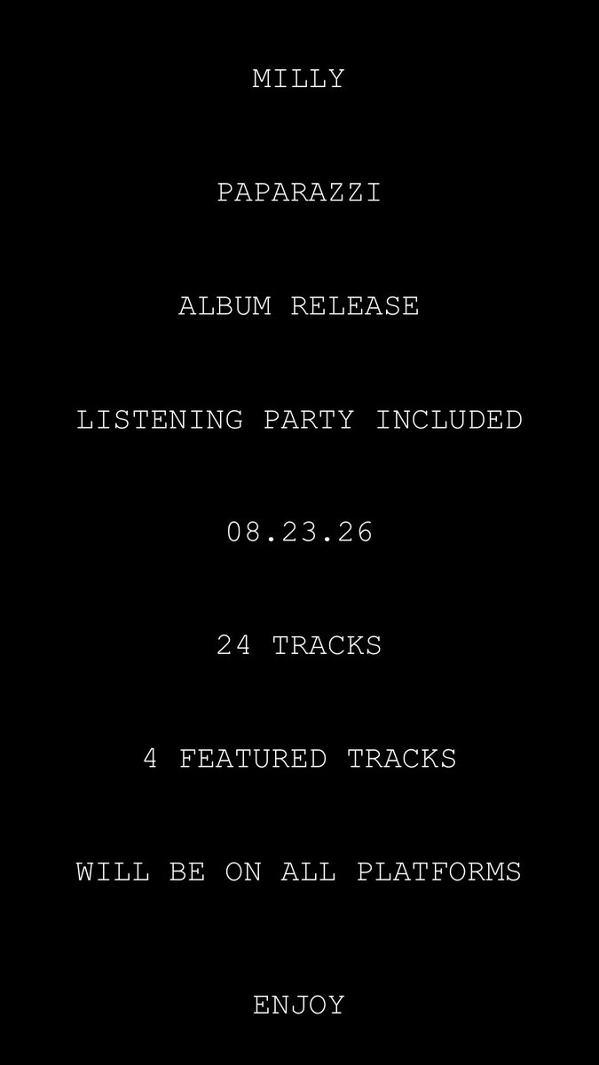 RedBranMil's tweet photo. MILLY (ME)
PAPARAZZI (ALBUM)
24 TRACKS
AUGUST 24TH

FEATURES:
BMO
BLACKLEMONADE
GIFTED TJ
VARIOUS PRODUCERS

GET READY https://t.co/nkZGJns740