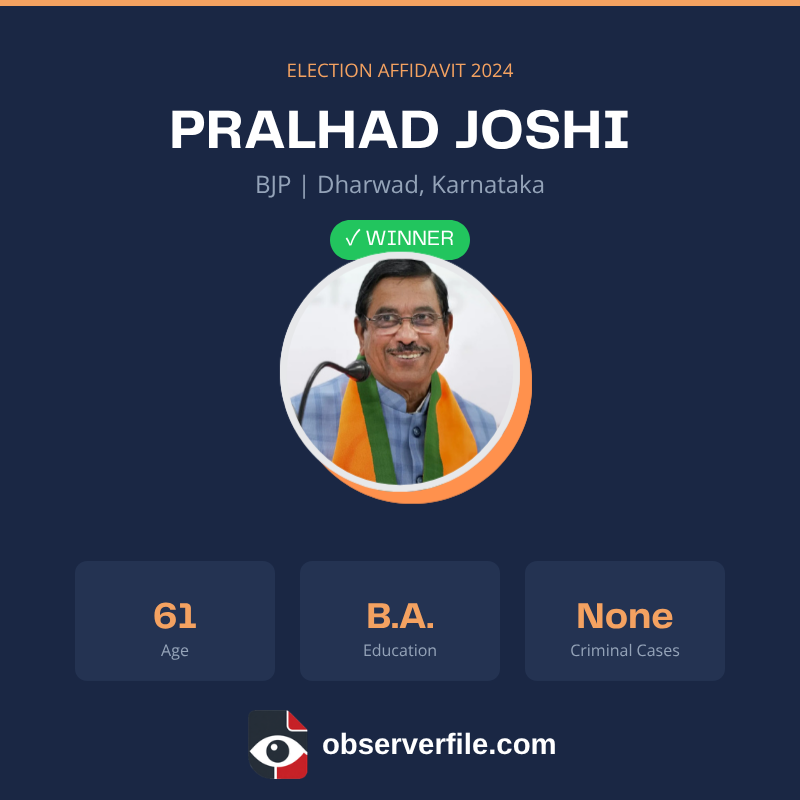 ObserverFile's tweet photo. Pralhad Joshi has been appointed as the Education Minister following the President's acceptance of Dharmendra Pradhan's resignation. 

To gain insight into his background, let's examine his election affidavit for 2024. https://t.co/66DkkcONan