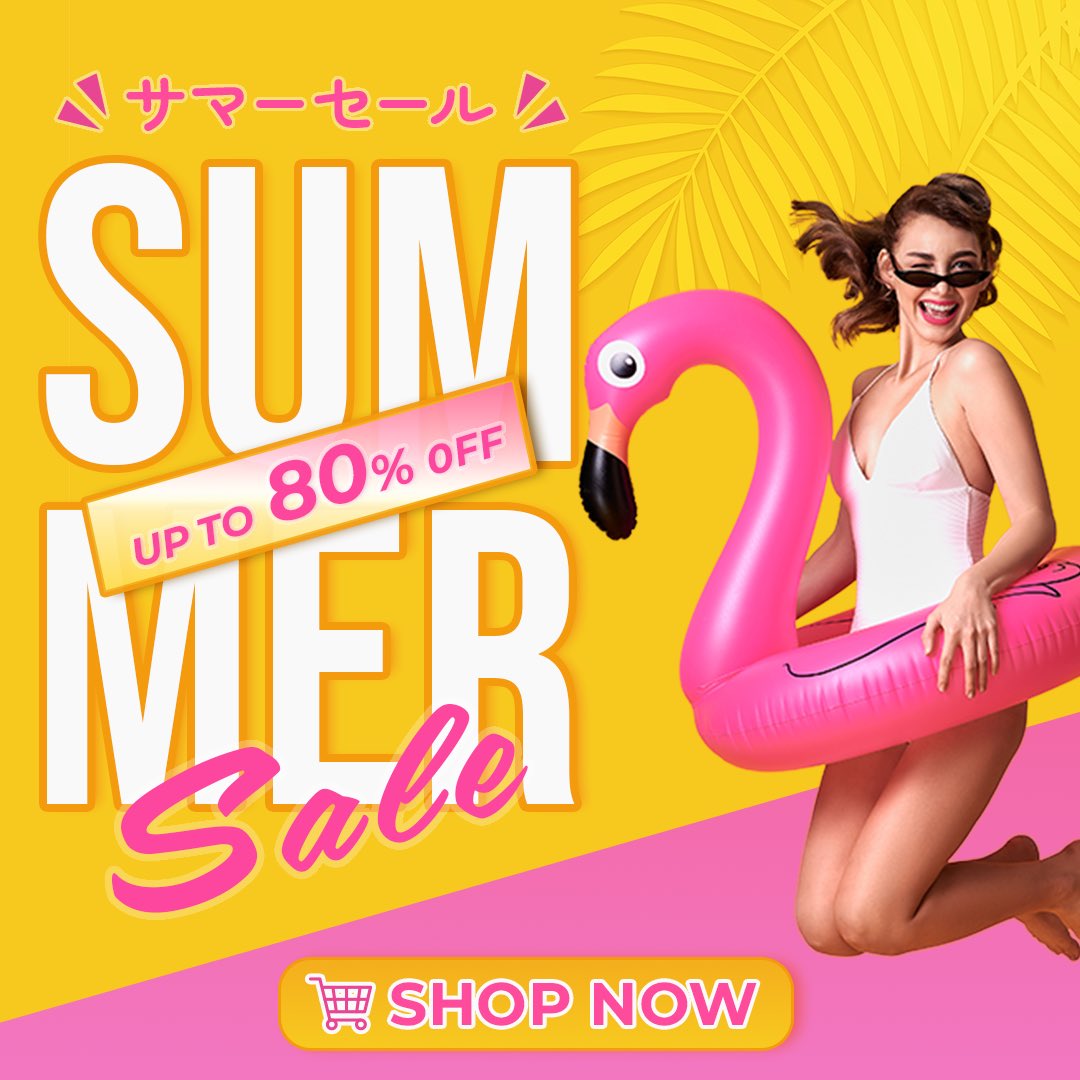 mama5rin630's tweet photo. サマーセールバナー完成🌻✨

英語の「SUMMER SALE」と女性の写真で夏のセール感は伝わると考え、「SUMMER」の可読性は重視していませんでした。

添削をもとに「サマーセール」を追加し、CTAボタンにはショッピングカートのアイコンを。

「ここをクリック！」が直感的に伝わるよう工夫しました🛒 https://t.co/MAUFtknbjq