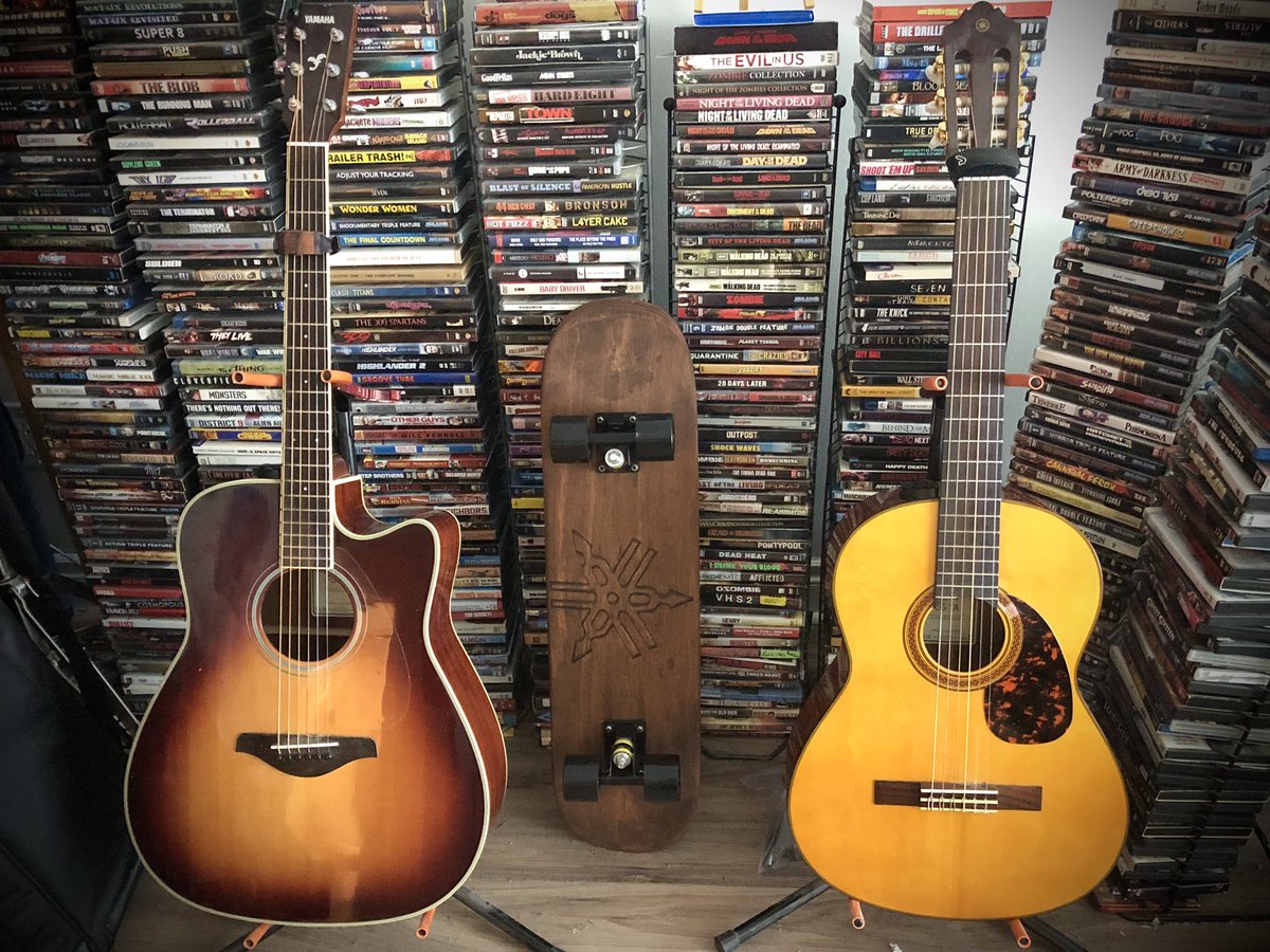 DOC604's tweet photo. My new #YAMAHA #skateboard with my various @YamahaGuitars including my #STORIA, #Transacoustic #steelstring &amp; #classical too. Pictured @TCClub #TerminalCityClub #patio &amp; lounge. https://t.co/PPDcchfwBP