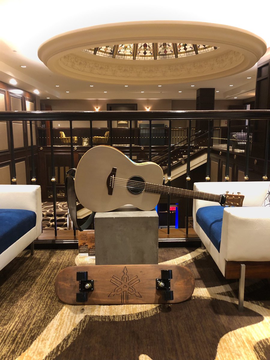 DOC604's tweet photo. My new #YAMAHA #skateboard with my various @YamahaGuitars including my #STORIA, #Transacoustic #steelstring &amp; #classical too. Pictured @TCClub #TerminalCityClub #patio &amp; lounge. https://t.co/PPDcchfwBP