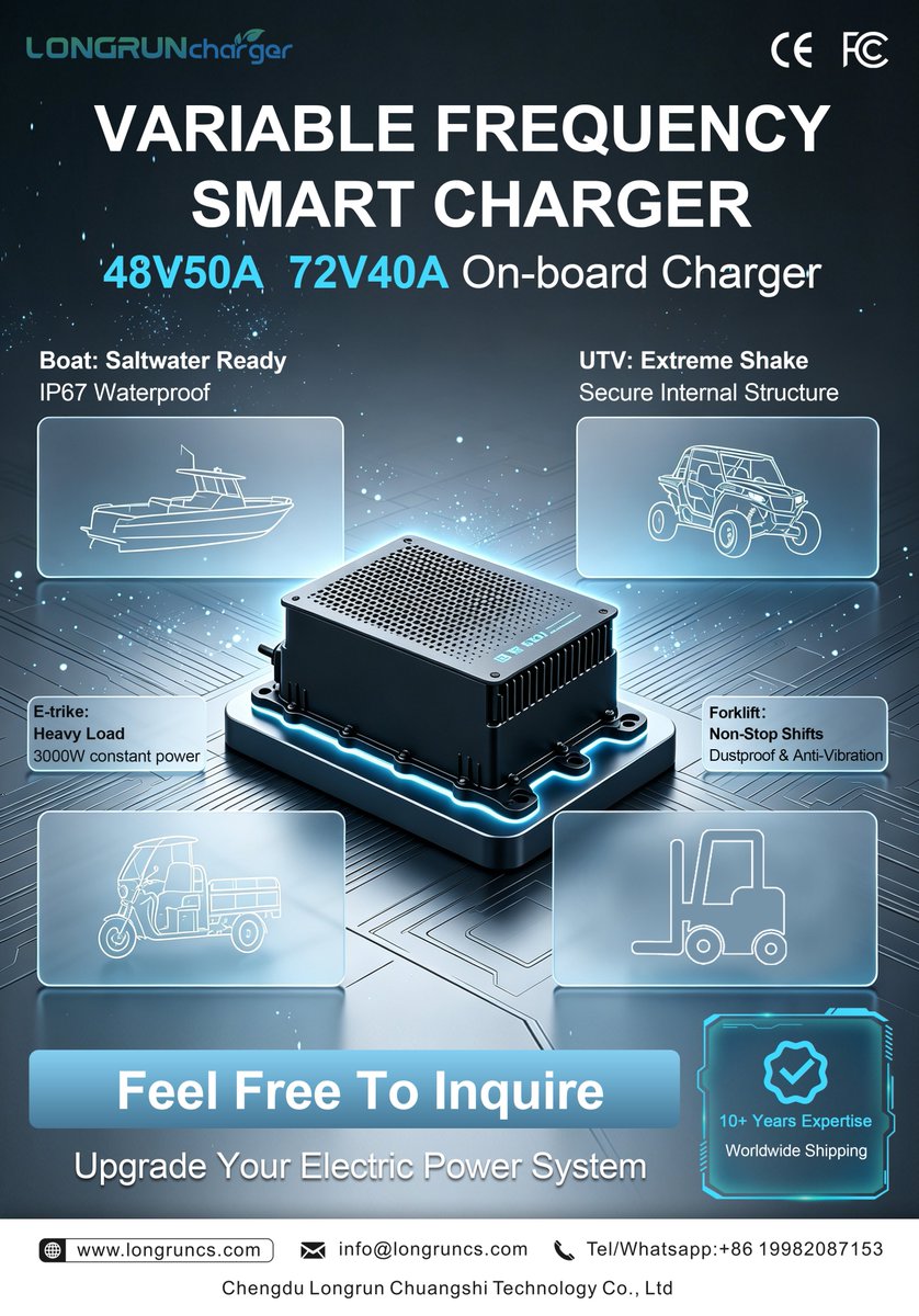 longruncharger's tweet photo. Need a reliable onboard charger for your electric vehicle project?
From marine EVs to UTVs, forklifts, and utility vehicles, LONGRUN Q2-3000E
Partner with LONGRUN for customized EV power solutions.
#OEM #ODM #ElectricMobility #EVSolutions #PowerElectronics https://t.co/GOH03sB5DT