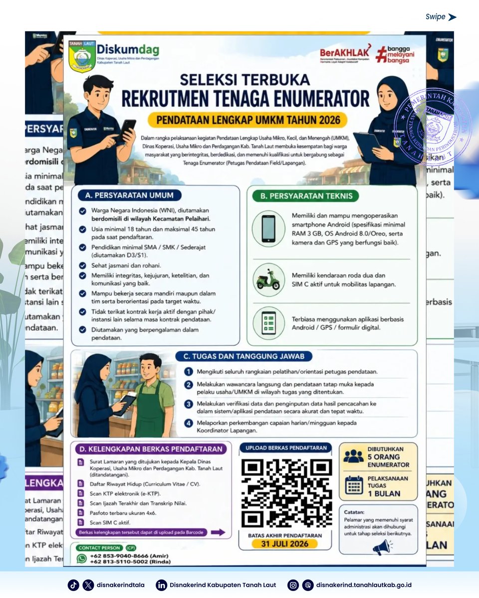 DisnakerindTala's tweet photo. 🚨 LOKER PEMKAB TALA! 

Diskumdag Tanah Laut butuh 5 Orang Tenaga Enumerator (Pendataan UMKM 2026). Masa tugas 1 bulan.
✅ Min SMA/SMK (D3/S1 diutamakan).
✅ Usia 18-45 th.
✅ Punya HP Android (Min RAM 3GB) &amp; Motor + SIM C.

Daftar via Barcode.
Deadline: 31 Juli 2026! https://t.co/X0OtL60odQ
