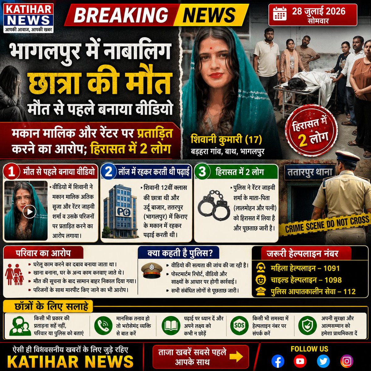 KatiharNew48219's tweet photo. भागलपुर में 12वीं की छात्रा ने आत्महत्या से पहले वीडियो बनाकर मकान मालिक और किरायेदार परिवार पर प्रताड़ना का आरोप लगाया। पुलिस ने दो लोगों को हिरासत में लेकर वीडियो समेत सभी साक्ष्यों की जांच शुरू कर दी है।

 #Bhagalpur #Bihar #BreakingNews #Student #PoliceInvestigation https://t.co/5FAWzotbef