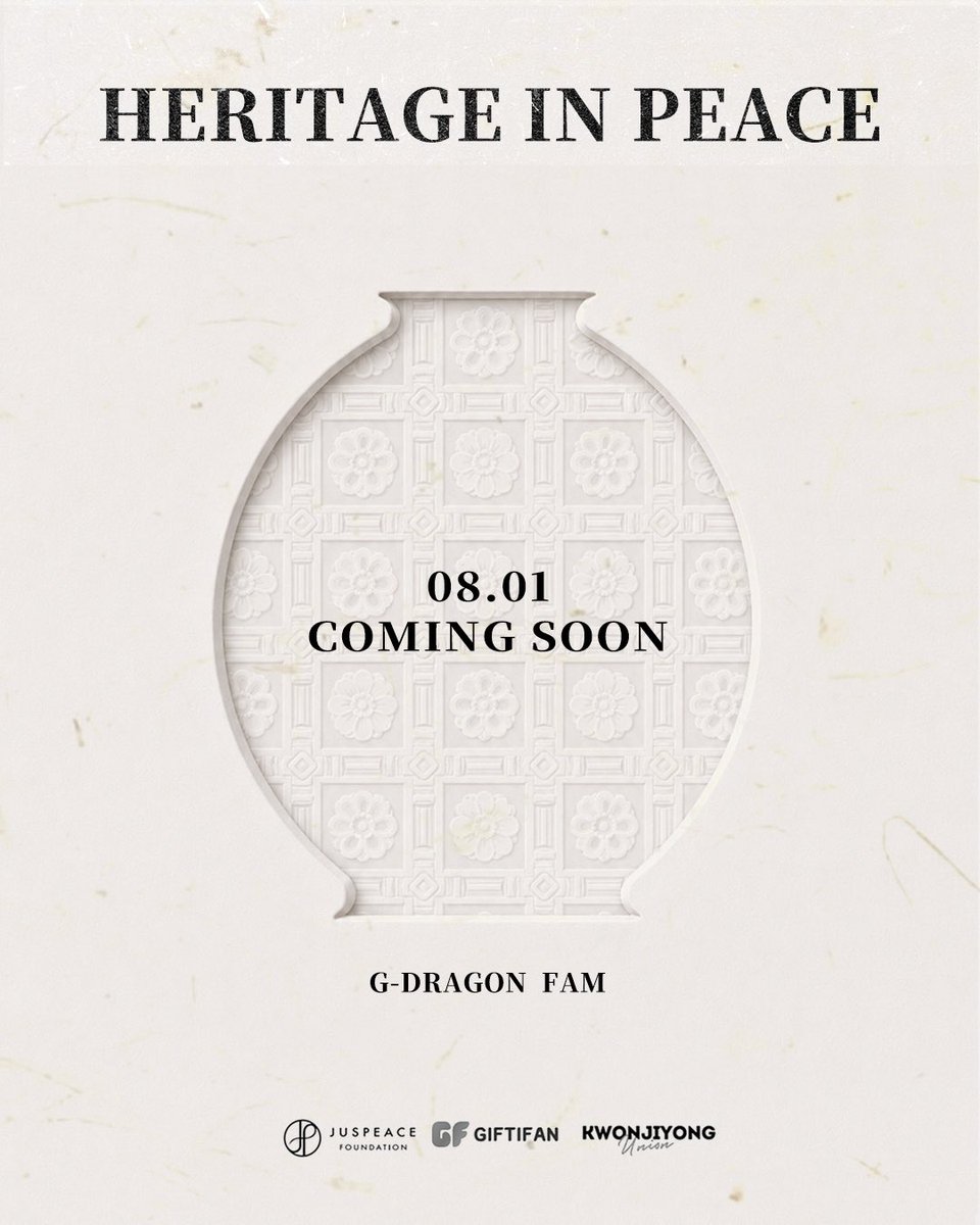 always_gd's tweet photo. 🌍 COMING SOON
2026.08.01 🌼

“유산을 지키는 일은 과거를 보존하는 일이 아니라 미래의 평화를 만드는 일입니다.”
— G-DRAGON (권지용)

전 세계 G-DRAGON FAM과 함께하는 UNESCO 세계유산기금 「HERITAGE IN PEACE」 글로벌 참여 캠페인이 시작됩니다.

본 캠페인은 G-DRAGON의 JUSPEACE Foundation, 공식 파트너 GIFTIFAN(Delivered Korea), 
권지용 팬연합이 함께 공식 진행합니다.

함께 「HERITAGE IN PEACE」를 만들어갈 팬베이스도 언제든 환영합니다. 함께해요. 🌼🤍

https://t.co/yCM4sdN8wp

@IBGDRGN @UNESCO @chlove_u @GD_fanunion 

#HERITAGEINPEACE #GDRAGON #GDRAGONFAM #UNESCO