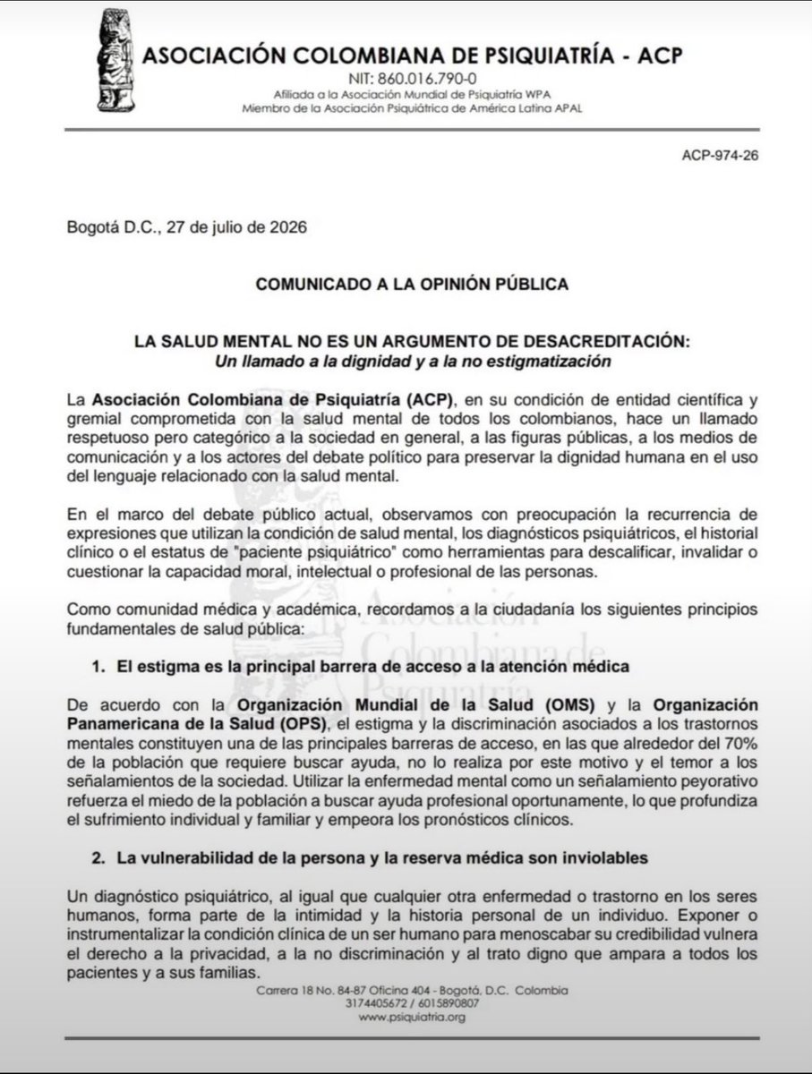TuRegionTV1's tweet photo. 👀 Fuerte Llamado a Gustavo Petro hace la Asociación Colombiana de Psiquiatría.

“La salud mental no se usa para desacreditar”, dice mensaje a Petro por revelar la historia clínica de Angie Rodríguez. 

Las denuncias de la exdirectora  (Dapre). https://t.co/Eg1n8T536X