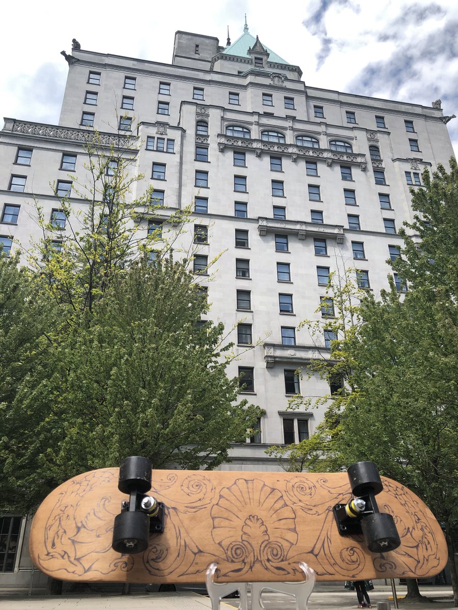 DOC604's tweet photo. My new @FairmontVan #SkateBoard next to the original #blueprints on display in the basement &amp; in the grand hall upstairs as well as from the @VanArtGallery across the street! #davidcapperartwork #skatedeck https://t.co/lzajHaafRW