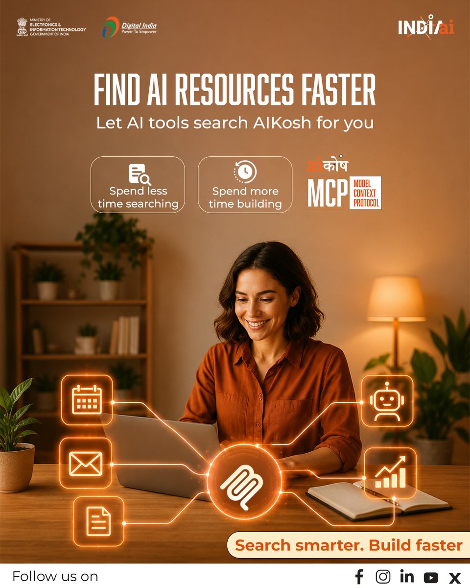 OfficialINDIAai's tweet photo. Data is the foundation of AI; but finding the right data often takes time.

AIKosh MCP simplifies that journey by enabling AI-powered tools to help users discover datasets, explore their contents, and securely access AIKosh resources through conversation.

Because innovation should spend more time building than searching.

Learn More: https://t.co/FdLWgLsuIJ

#AIKosh #IndiaAI #AIInnovation #Datasets #MCP

@AshwiniVaishnaw @JitinPrasada @PIB_India @SecretaryMEITY @sudeep_tweets @_DigitalIndia @mygovindia