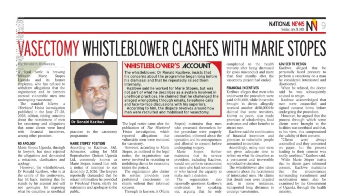 bartlettdaron's tweet photo. A former Marie Stopes Uganda employee, Dr. Ronald Kazibwe, is now in a legal fight with the organisation after refusing to walk back claims he made about their vasectomy programme.

He says vulnerable men were offered money and other incentives to undergo the procedure, some allegedly even while intoxicated, and that consent wasn't always properly informed.

Whistleblower doing the right thing, or a disgruntled ex employee causing damage on his way out?