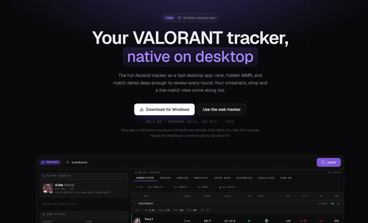 elmo_vlr's tweet photo. we just killed valradiant/tracker.gg app

we've built a desktop tracker that's actually lightweight, security first, and built around rewarding you for simply playing the games you already love.

a few things it can do:

- see your teammates and opponents
- view the full lobby of your friends
- get notified when a friend finishes their match
- check your daily store and get alerts when your favorite skins appear
- create player watchlists and know when someone from your list is in your game
- view historic igns
- see your in-game loadout
- browse pro and community crosshairs, or upload and share your own
- earn rewards just for being part of the ascend community and playing your favorite games

give it a try today - link in replies