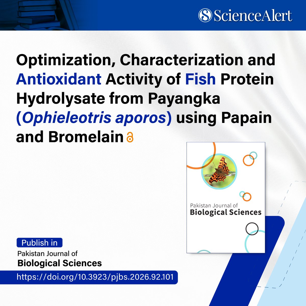 scialert's tweet photo. Optimization, Characterization and Antioxidant Activity of Fish Protein Hydrolysate from Payangka (Ophieleotris aporos) using Papain#marineresearch
https://t.co/j0dT7TkJ9I
#Research #FoodScience #Antioxidants #MarineBiotech #FunctionalFoods #Nutrition #OpenScience #PJBS https://t.co/sud0E39oaP