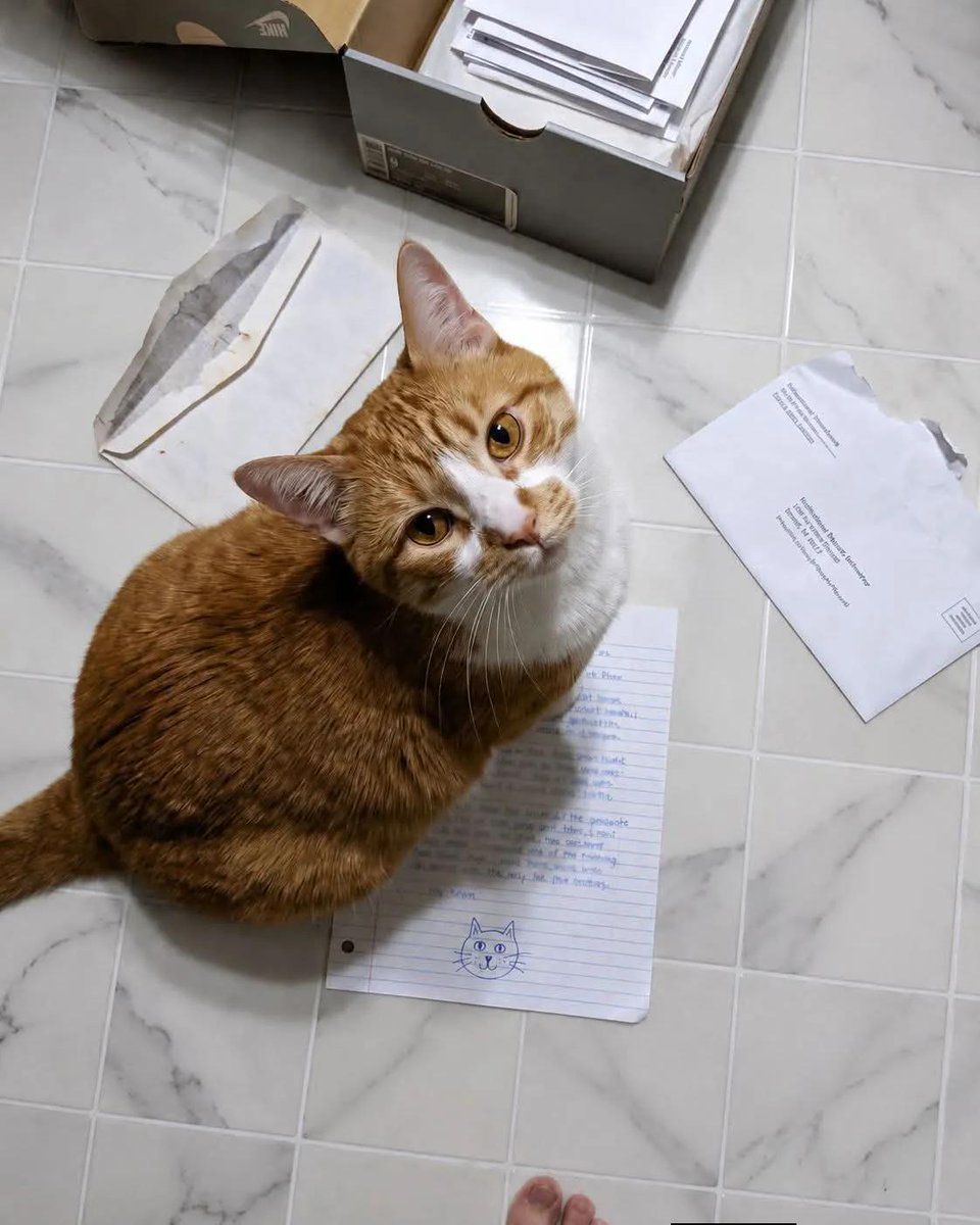 Sara_25e's tweet photo. My neighbor went to prison and asked me to care for his cat "for a few weeks." That was three years ago. Since then, every month without fail, a handwritten letter arrives in the mail addressed to the cat. I read each one to her. When I'm finished, she sits on the letter every single time. I now have thirty-four letters stored in a shoebox. He's being released in November, and she still sits outside his old front door every morning.