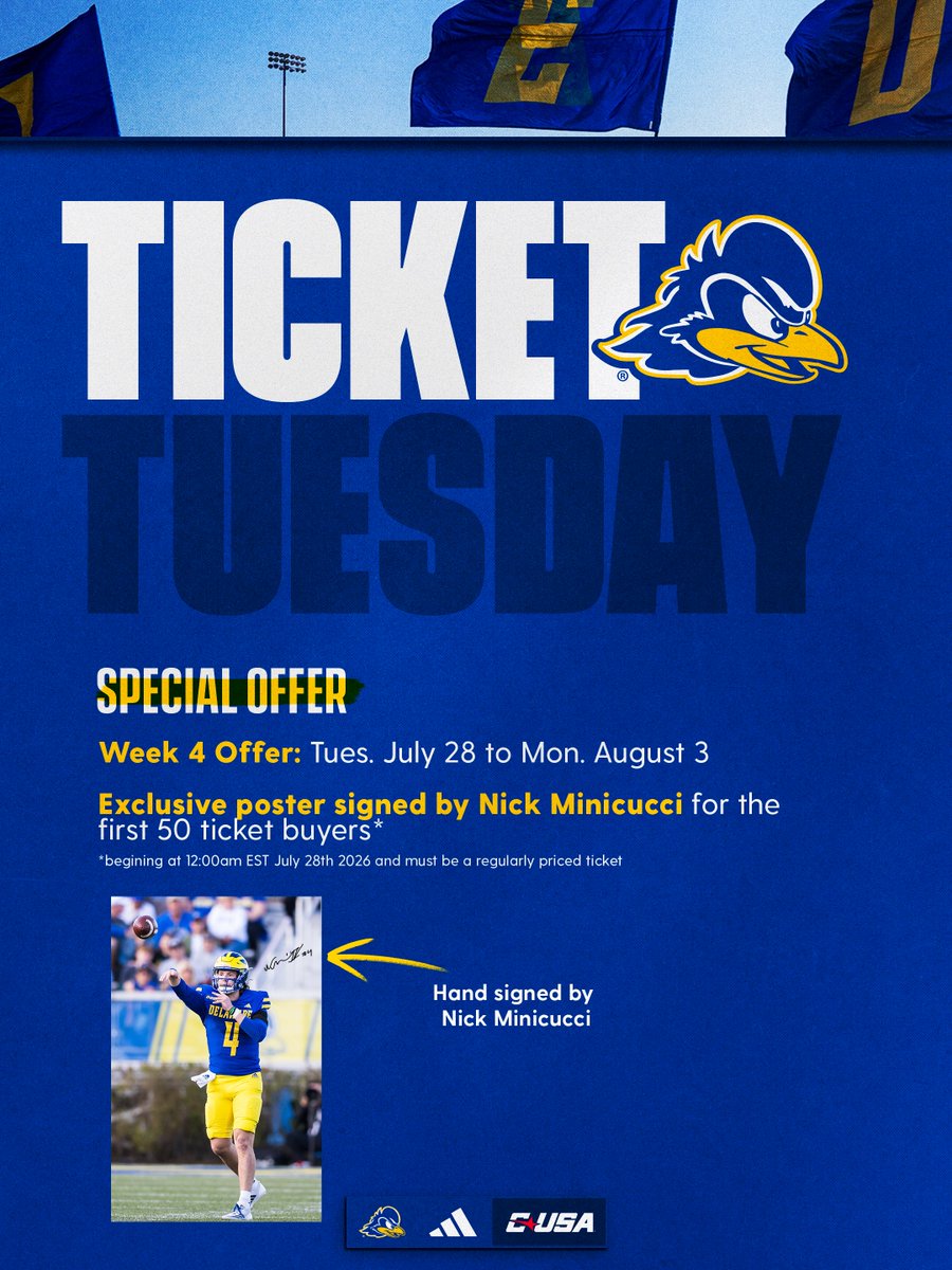 Delaware_FB's tweet photo. 🚨 Ticket Tuesday 🚨

Exclusive poster signed by Nick Minicucci for the first 50 ticket buyers! ⤵️

🎟️: https://t.co/StnxXcT3cs https://t.co/fCMnFQGXKQ