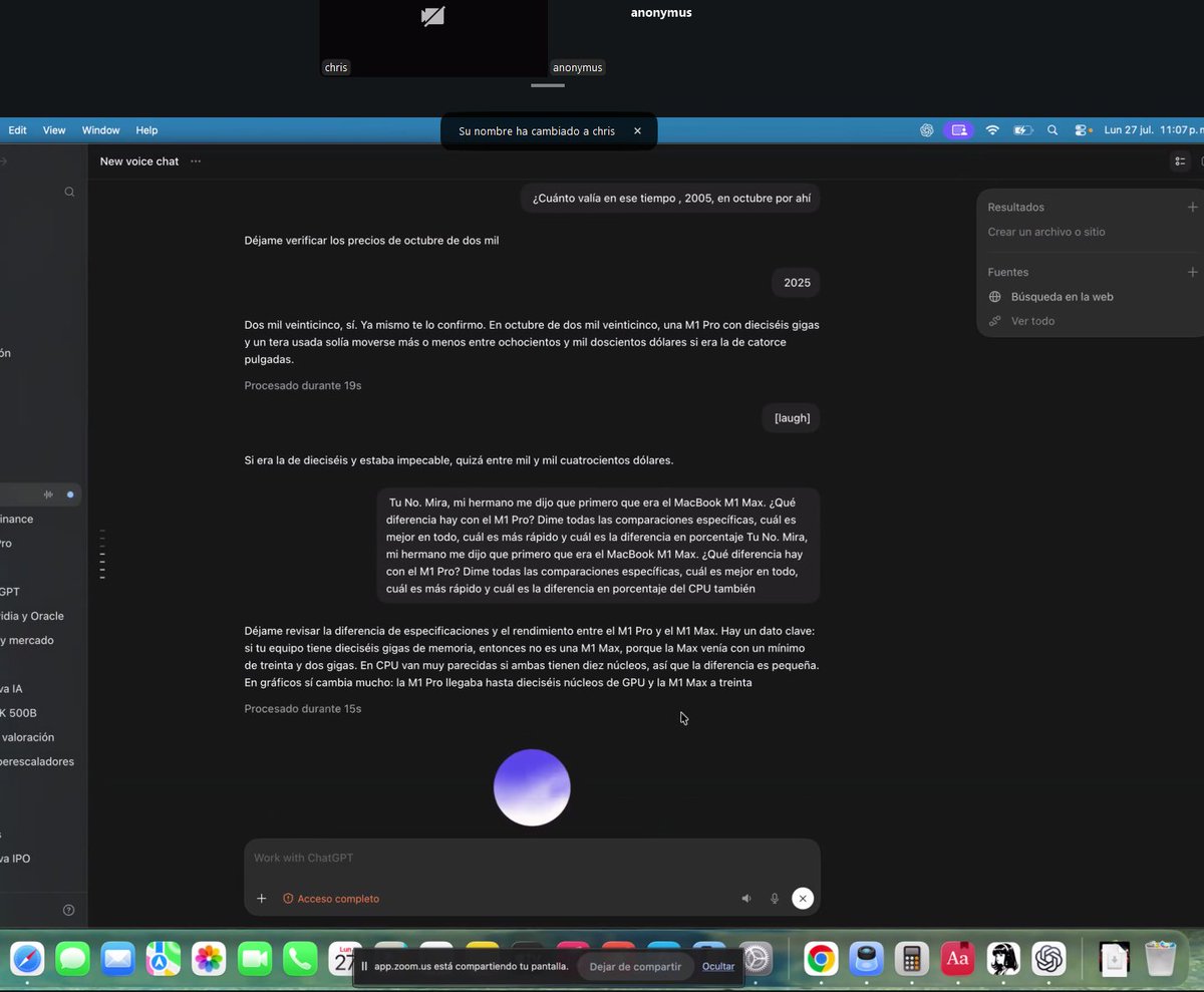 SPAC89's tweet photo. Teaching my brother ChatGPT’s new voice mode on Zoom.
He asks what the Mac he already sold was worth.
I had told him it was an M1 Max.
It was an M1 Pro.
ChatGPT just fact-checked me live.
He’s mid-rant. I’m dead.💀
ChatGPT Voice totally called me out, haha https://t.co/RUwgufXnUw