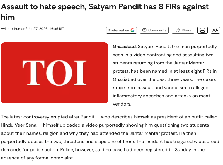 kapsology's tweet photo. There are 8 FIRs against this goon.

He attacked few students i nDelhi a day back.

Even after complaint from multiple MPs &amp; politicians, he is roaming free.

He is ordering @Uppolice to not assign muslim police officers on Kanwar duty.

@ghaziabadpolice &amp; @DelhiPolice ?? https://t.co/m8EvVicT26