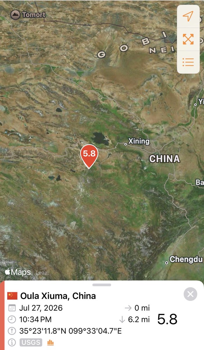 SeismoTracker's tweet photo. #Earthquake Breaking News 

A magnitude 5.8 earthquake has struck 190 Km / 118.0 Mi NW of Oula Xiuma, #China 

Magnitude: 5.8 
Epicenter Location: 35.375°N 99.560°E
Time: 2026-07-28 03:16:08 UTC
Depth: 10.0 Km ( 6.2 Mi) 
Intensity: VII 
Estimated Fatalities: Green 94%
Estimated Economic Losses: Yellow 35% 

#Earthquake Breaking News 

A magnitude 5.7 earthquake has struck 192 Km / 119.3 Mi NW of Oula Xiuma, #China 

Magnitude: 5.7 
Epicenter Location: 35.369°N 99.520°E

Time: 2026-07-28 03:16:08 UTC
Depth: 10.0 Km ( 6.2 Mi) 
Intensity: VII 
Estimated Fatalities: Green 94%
Estimated Economic Losses: Yellow 34%