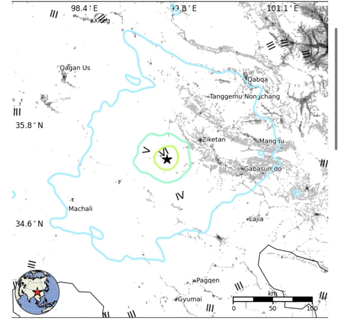 SeismoTracker's tweet photo. #Earthquake Breaking News 

A magnitude 5.8 earthquake has struck 190 Km / 118.0 Mi NW of Oula Xiuma, #China 

Magnitude: 5.8 
Epicenter Location: 35.375°N 99.560°E
Time: 2026-07-28 03:16:08 UTC
Depth: 10.0 Km ( 6.2 Mi) 
Intensity: VII 
Estimated Fatalities: Green 94%
Estimated Economic Losses: Yellow 35% 

#Earthquake Breaking News 

A magnitude 5.7 earthquake has struck 192 Km / 119.3 Mi NW of Oula Xiuma, #China 

Magnitude: 5.7 
Epicenter Location: 35.369°N 99.520°E

Time: 2026-07-28 03:16:08 UTC
Depth: 10.0 Km ( 6.2 Mi) 
Intensity: VII 
Estimated Fatalities: Green 94%
Estimated Economic Losses: Yellow 34%