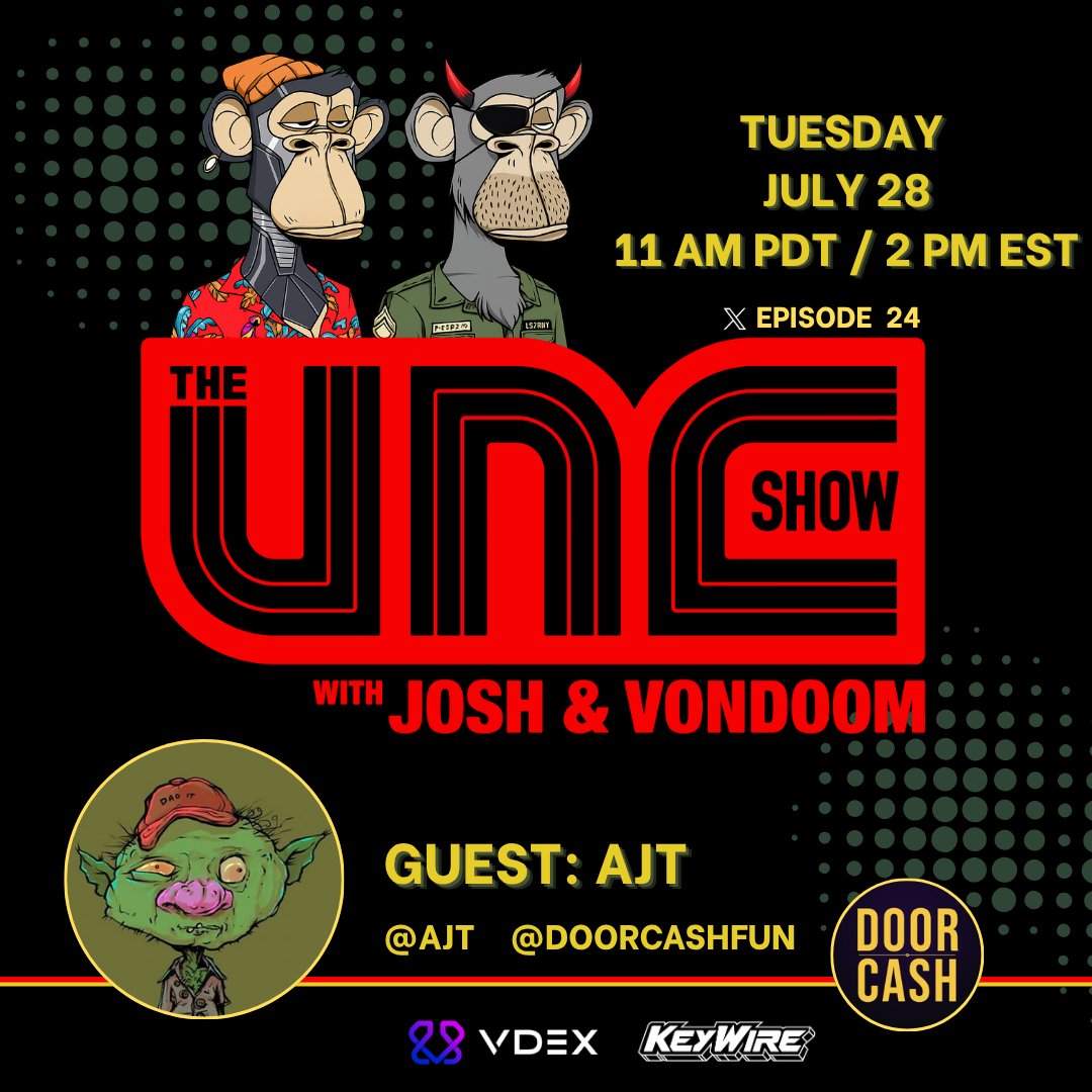 CryptoVonDoom's tweet photo. Hey look, it's another episode of the @Unc_Show w/ me and @beijingdou. 
Tuesday we've got the legendary @ajt and anyone with a 3 character X handle definitely is on Unc status with us. Yes, you know him already from Goblin Town but have you heard of @DoorCashfun yet? No? You're about to.
also - 
rips w/ @RipzGG and markets w/ @0xVDEX. 
Can we long NFTs on there?

oh, and thursday - yeah, thursday will be fun and we might just be revealing something with a friend or two.