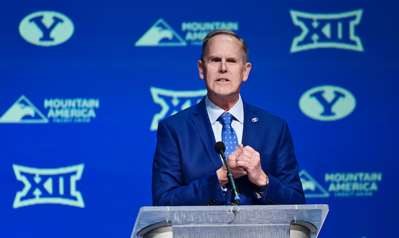 10YearsAgoCFB's tweet photo. BYU athletic director Tom Holmoe says the Cougars would join the Big 12 in football only, keeping their other sports in the West Coast Conference.

BYU, Houston, Cincinnati, and UCF remain among the names in the Big 12's expansion review. https://t.co/jraWuYMAJW